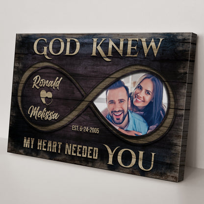 God Knew Couple Sign II canvas by Tailored Canvases with wood background and couple photo on Tampa Home & Garden Store