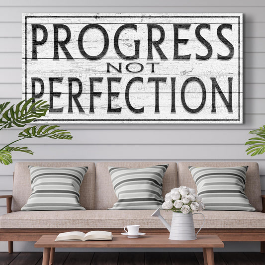 Progress Not Perfection canvas sign with distressed white wood texture by Tailored Canvases on Tampa Home & Garden Store