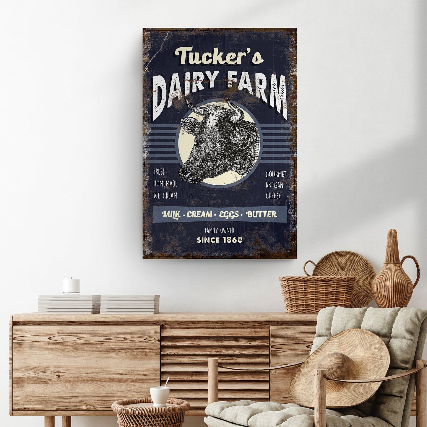 Tailored Canvases Dairy Farm Sign canvas wall art with distressed navy cow illustration on Tampa Home & Garden Store