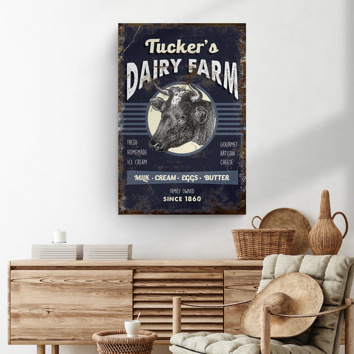 Tailored Canvases Dairy Farm Sign canvas wall art with distressed navy cow illustration on Tampa Home & Garden Store