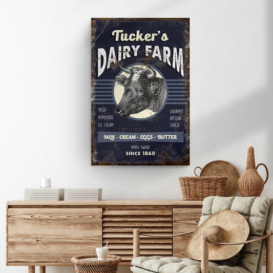 Tailored Canvases Dairy Farm Sign canvas wall art with distressed navy cow illustration on Tampa Home & Garden Store