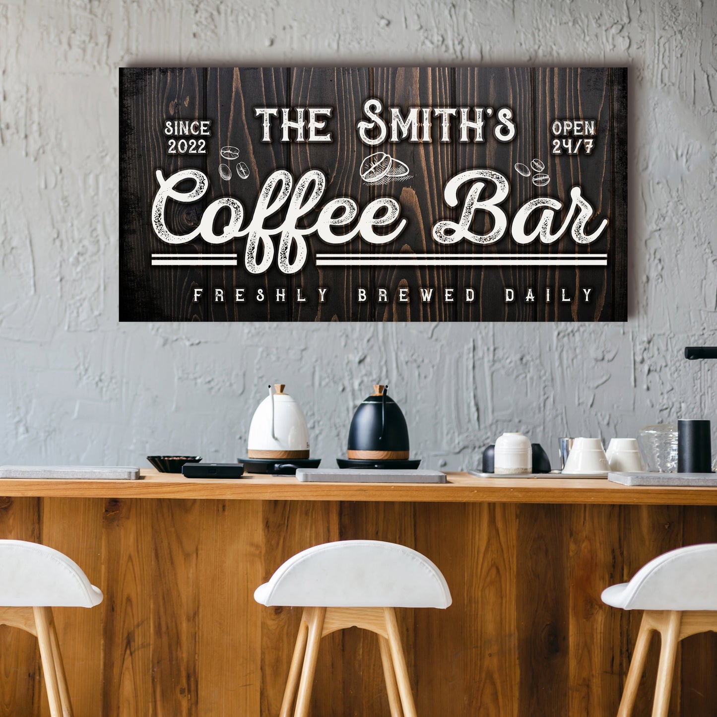 Family Coffee Bar Sign canvas by Tailored Canvases in rustic wood grain design on Tampa Home & Garden Store