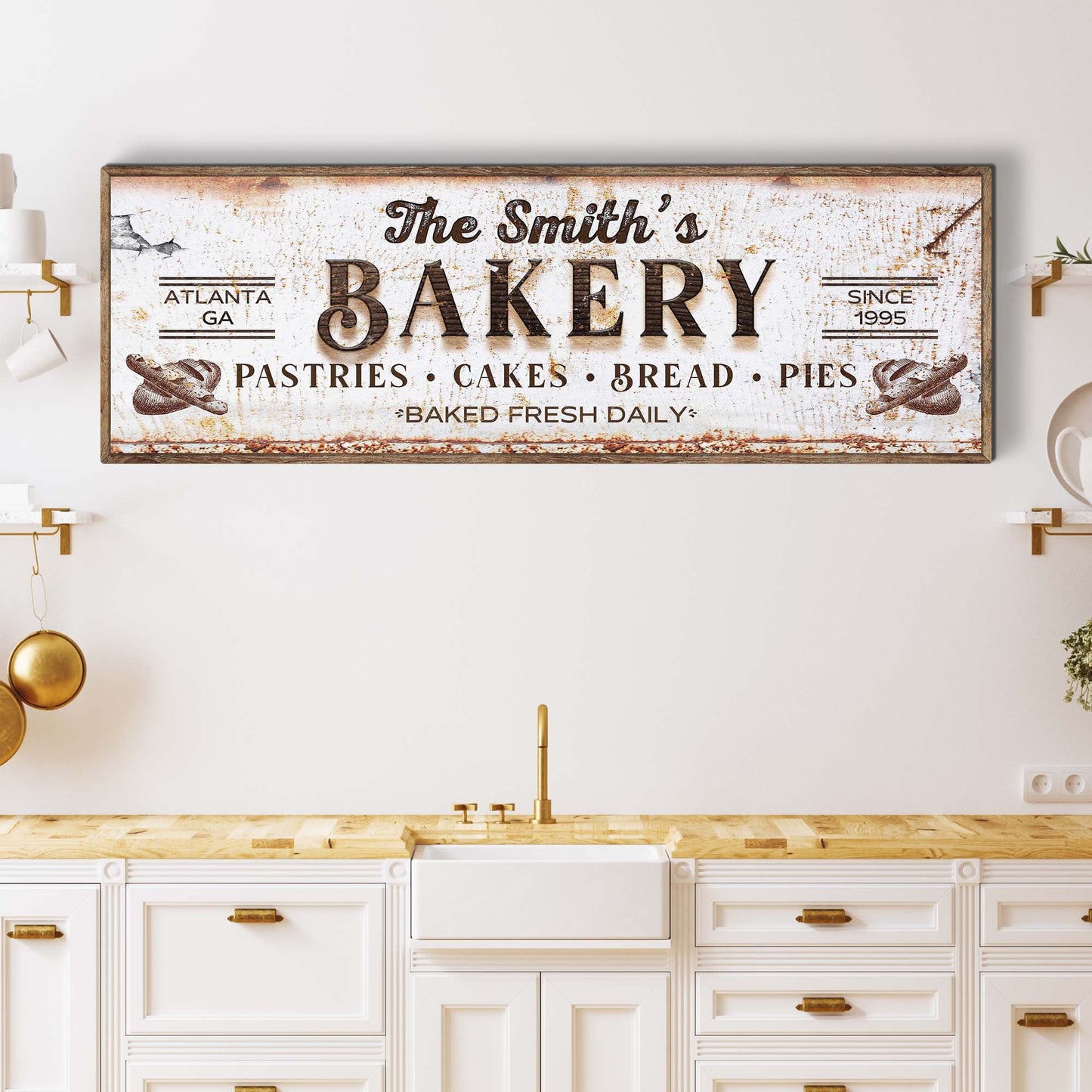 Bakery Sign canvas by Tailored Canvases, rustic weathered white panel with wood frame on Tampa Home & Garden Store