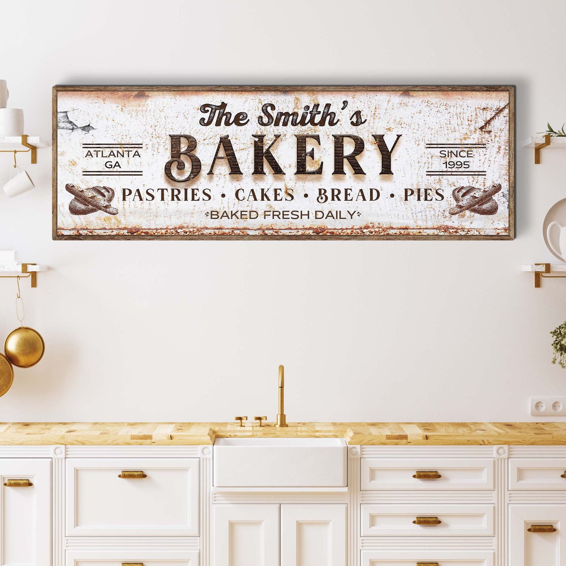 Bakery Sign canvas by Tailored Canvases, rustic weathered white panel with wood frame on Tampa Home & Garden Store