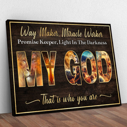 Canvas sign My God Way Maker Miracle Worker by Tailored Canvases, dark wood on Tampa Home & Garden Store