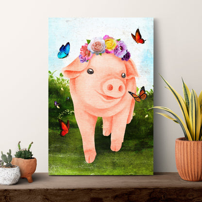 The Most Adorable Pig Canvas Wall Art pink pig with flower crown butterflies garden scene on Tampa Home & Garden Store