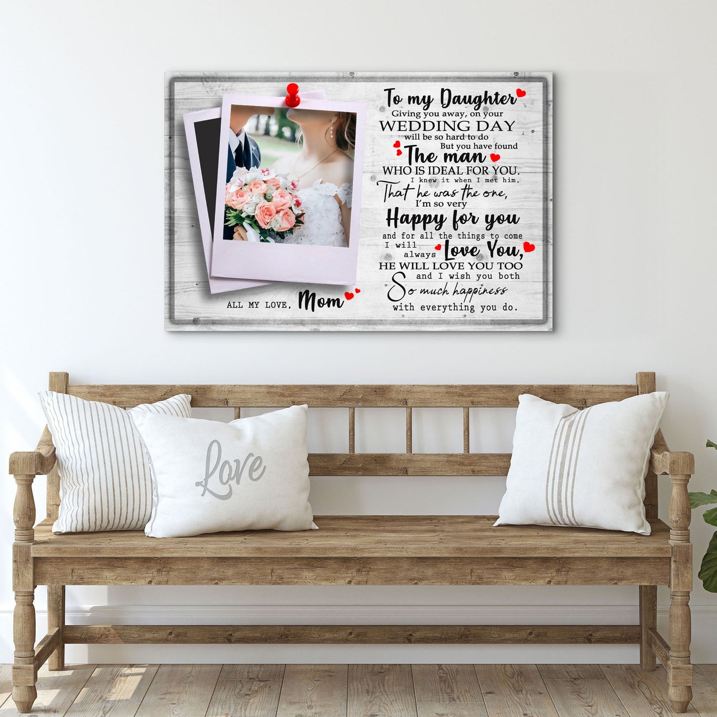 Canvas sign To My Daughter Marriage Message Sign with photo collage, pink bouquet, red pushpin on Tampa Home & Garden Store