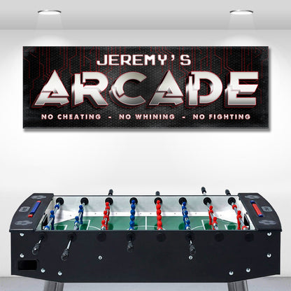 Arcade Family Sign canvas; black textured panel with red circuit lines and JEREMY'S ARCADE on Tampa Home & Garden Store