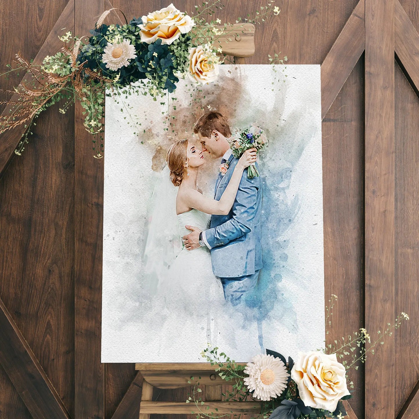 Wedding Watercolor Portrait Sign canvas by Tailored Canvases with floral bouquet on wood on Tampa Home & Garden Store
