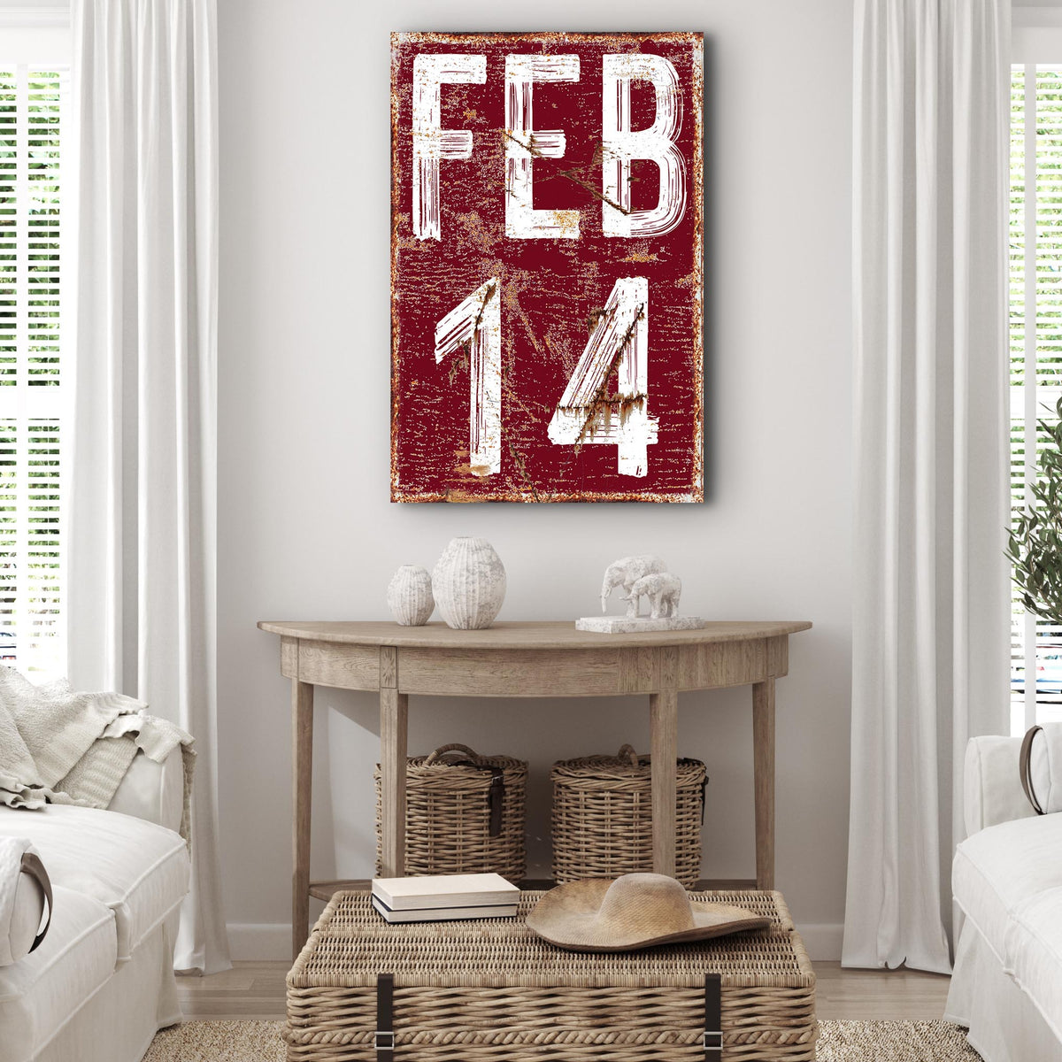 Feb 14 Sign canvas by Tailored Canvases with distressed red background and bold white FEB 14 on Tampa Home & Garden Store