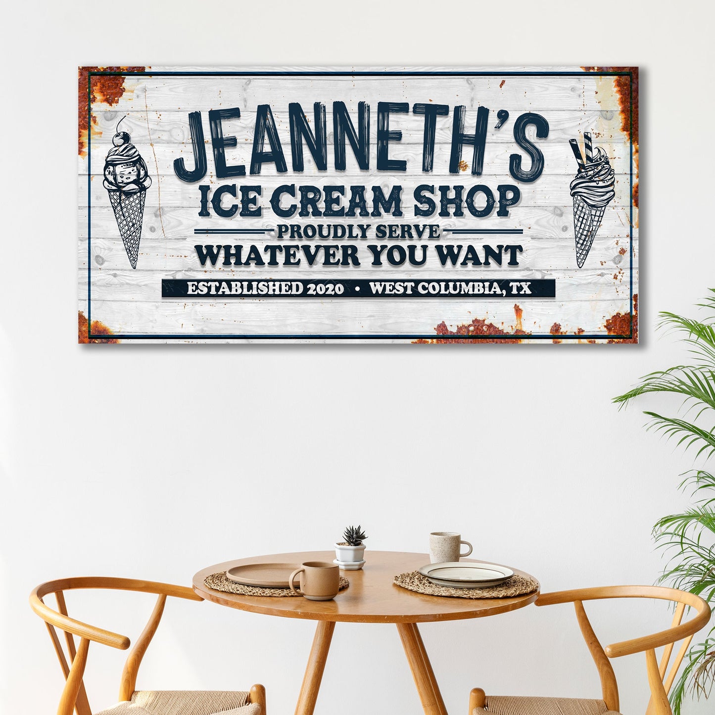 Ice cream shop sign canvas with weathered wood and lettering plus ice cream cones on both sides on Tampa Home & Garden Store