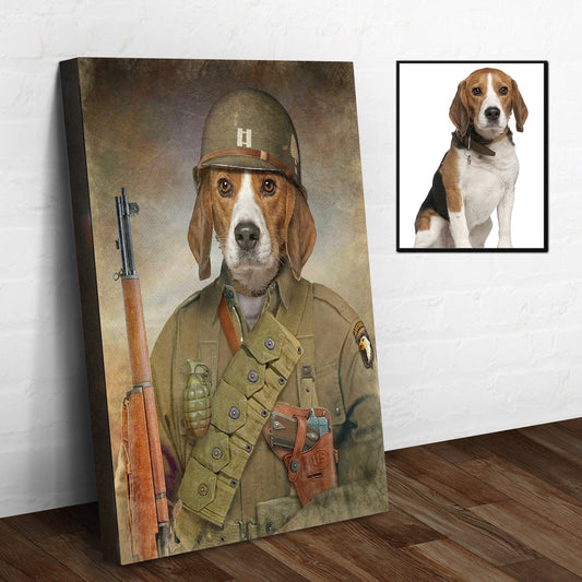 Tailored Canvases Beagle Military Dog Sign canvas with gear and a small framed Beagle portrait on Tampa Home & Garden Store