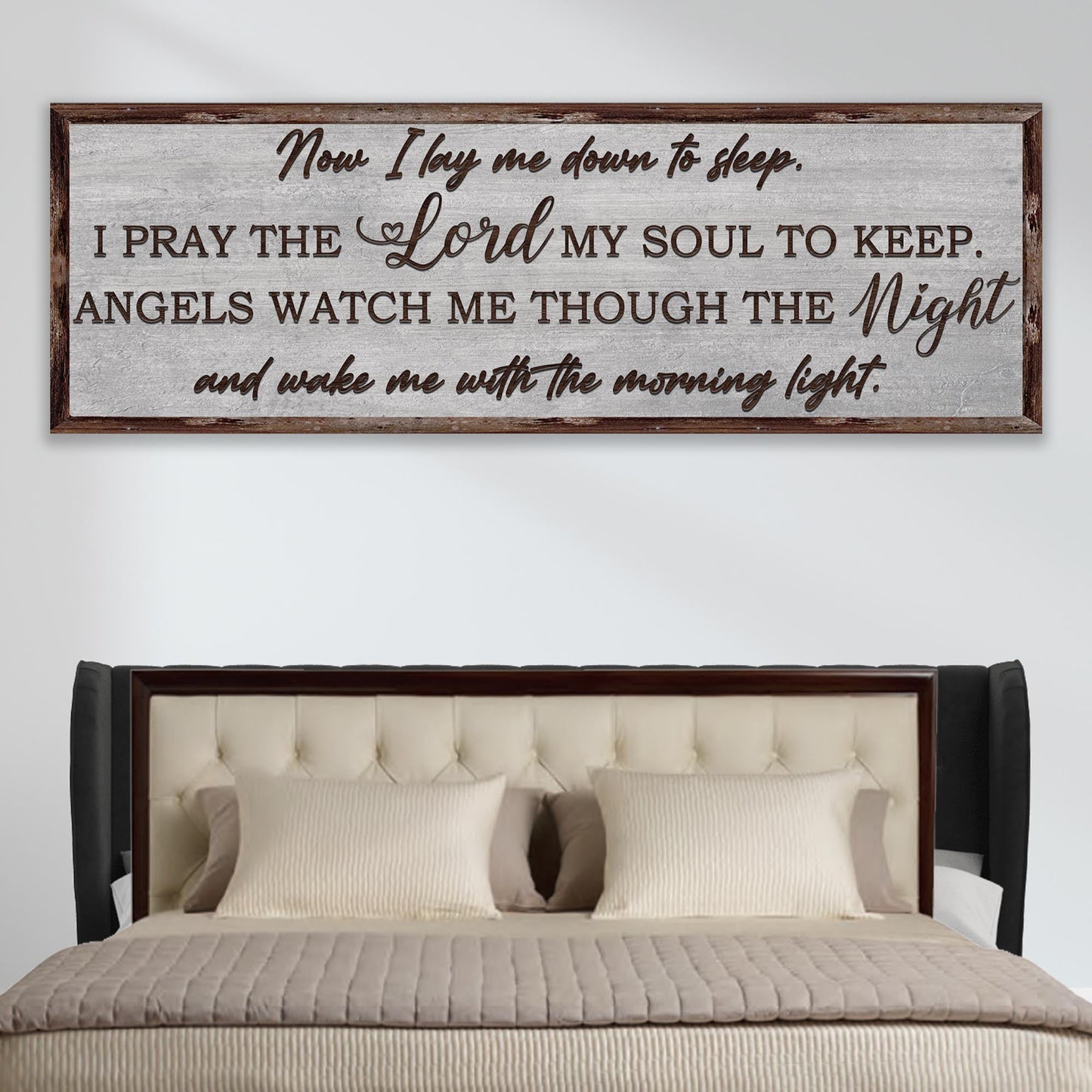 Now I Lay Me Down To Sleep canvas sign with gray distressed background framed in wood on Tampa Home & Garden Store