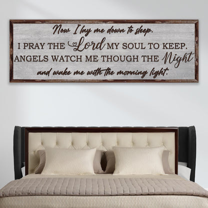 Now I Lay Me Down To Sleep canvas sign with gray distressed background framed in wood on Tampa Home & Garden Store
