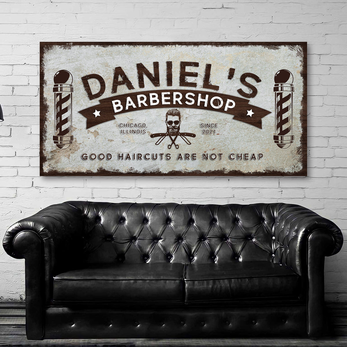 Barbershop Sign canvas by Tailored Canvases; vintage brown crafting canvas with two barber poles on Tampa Home & Garden Store