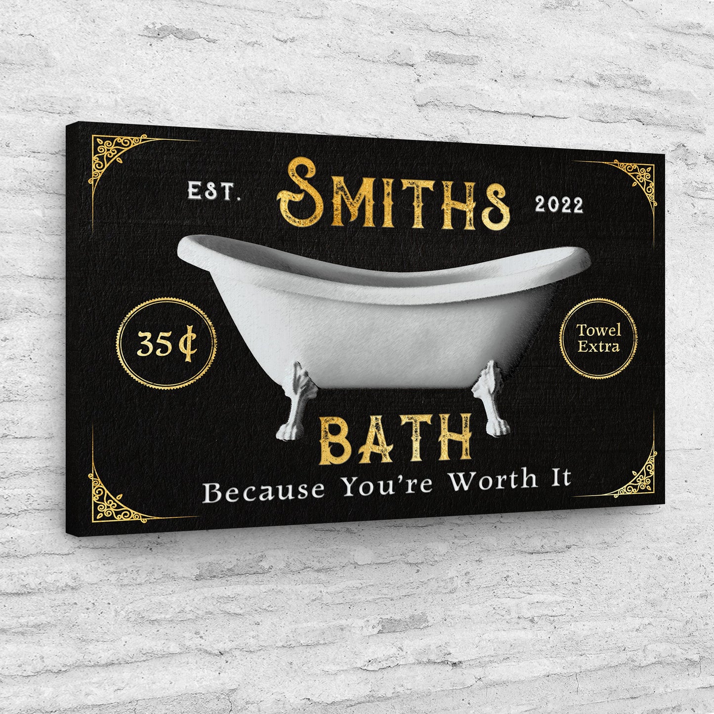 Tailored Canvases Family Bath Sign II canvas with black background, white bathtub image on Tampa Home & Garden Store