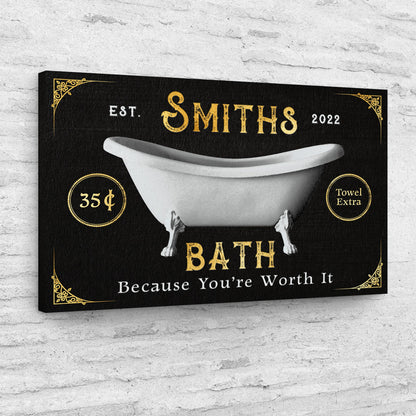 Tailored Canvases Family Bath Sign II canvas with black background, white bathtub image on Tampa Home & Garden Store