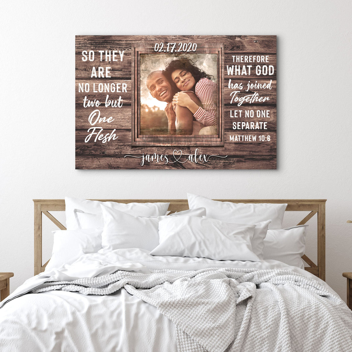 Rustic wood panel canvas sign with centered couple photo and Matthew 19:6 verse on Tampa Home & Garden Store
