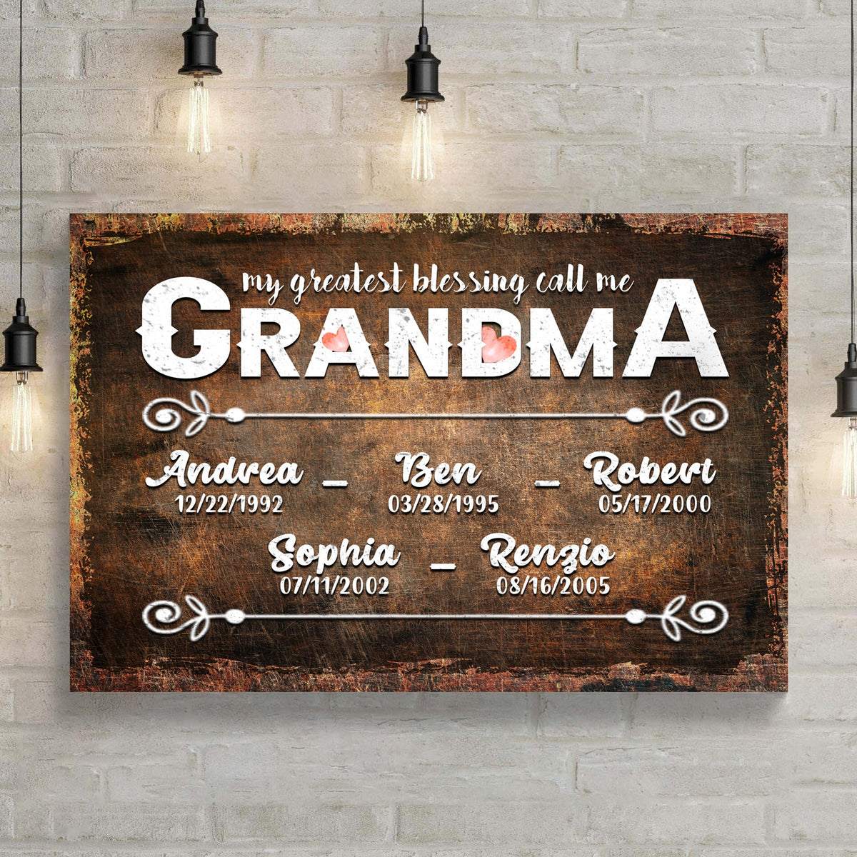 Canvas sign My Greatest Blessing Call Me Grandma with names and dates rustic backdrop on Tampa Home & Garden Store