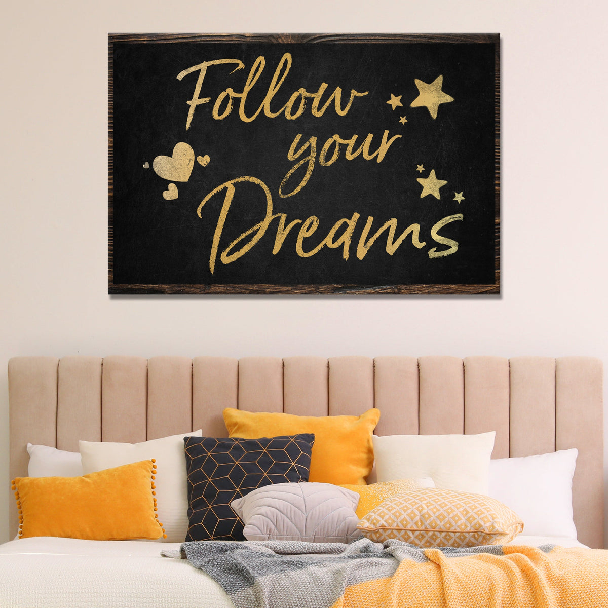 Follow Your Dreams canvas sign by Tailored Canvases with gold script on black chalkboard on Tampa Home & Garden Store