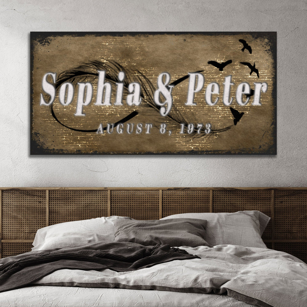 Tailored Canvases Couple Infinity Sign II canvas with Sophia & Peter, gold backdrop and birds on Tampa Home & Garden Store