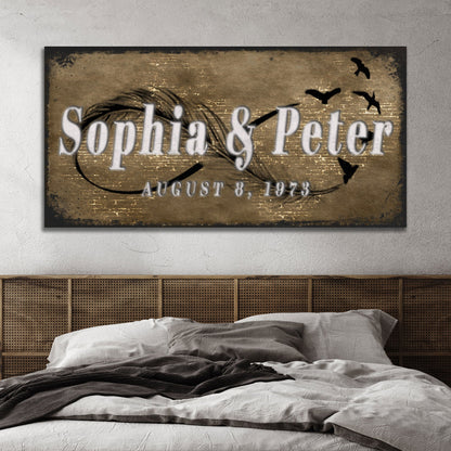 Tailored Canvases Couple Infinity Sign II canvas with Sophia & Peter, gold backdrop and birds on Tampa Home & Garden Store
