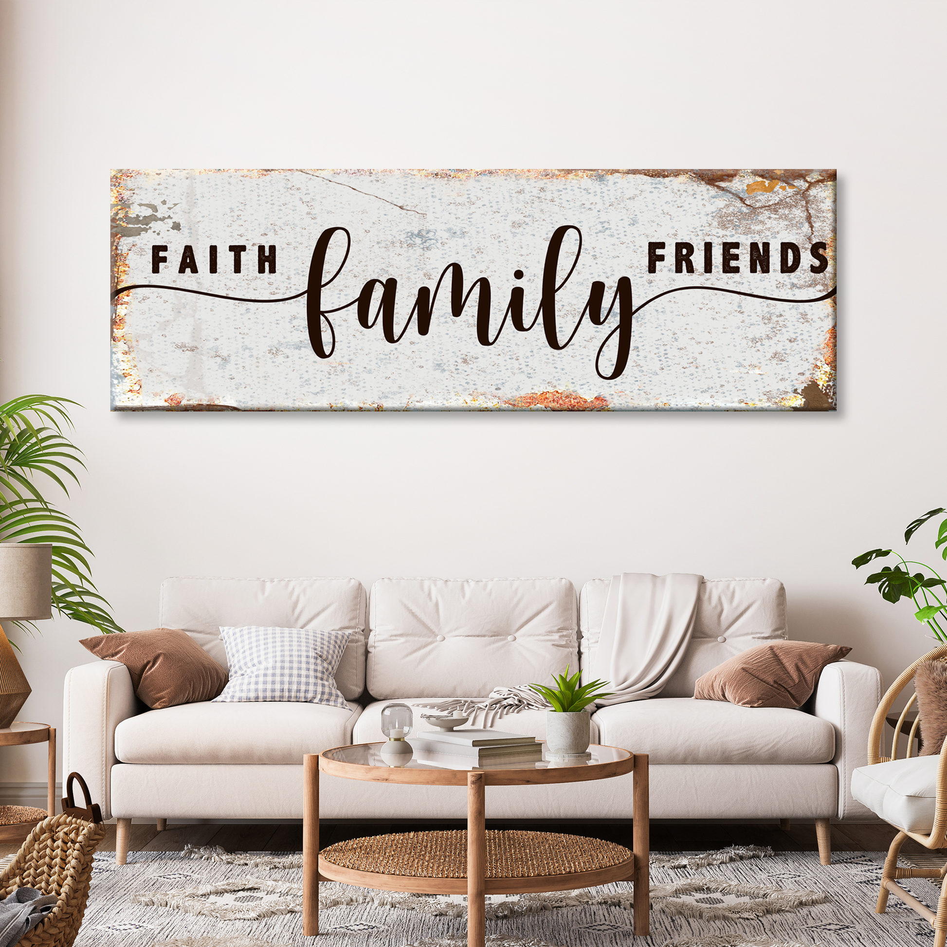 Faith Family Friends Sign II canvas by Tailored Canvases, rustic weathered sign with bold family script on Tampa Home & Garden Store