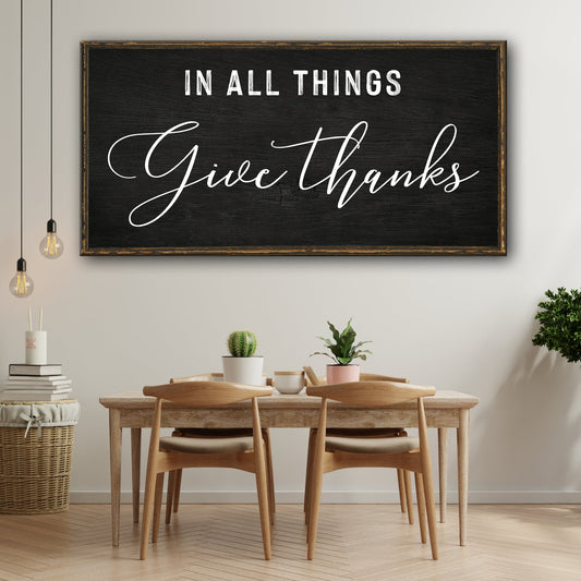 In All Things Give Thanks Sign canvas with black chalkboard surface and white script on Tampa Home & Garden Store