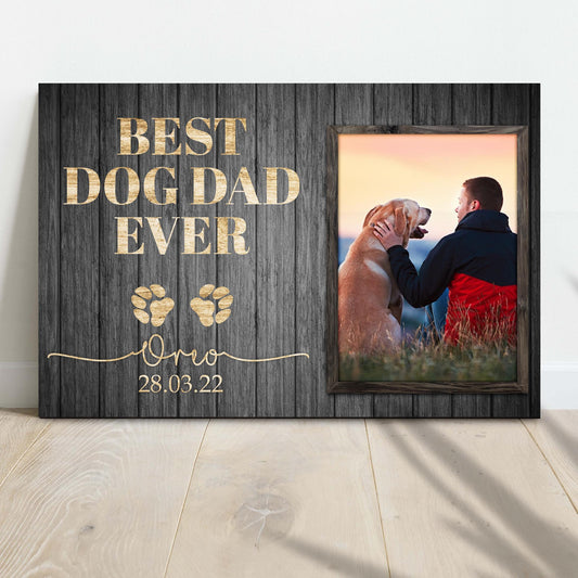 Best Dog Dad Ever canvas sign II by Tailored Canvases with dark wood backdrop and gold lettering on Tampa Home & Garden Store