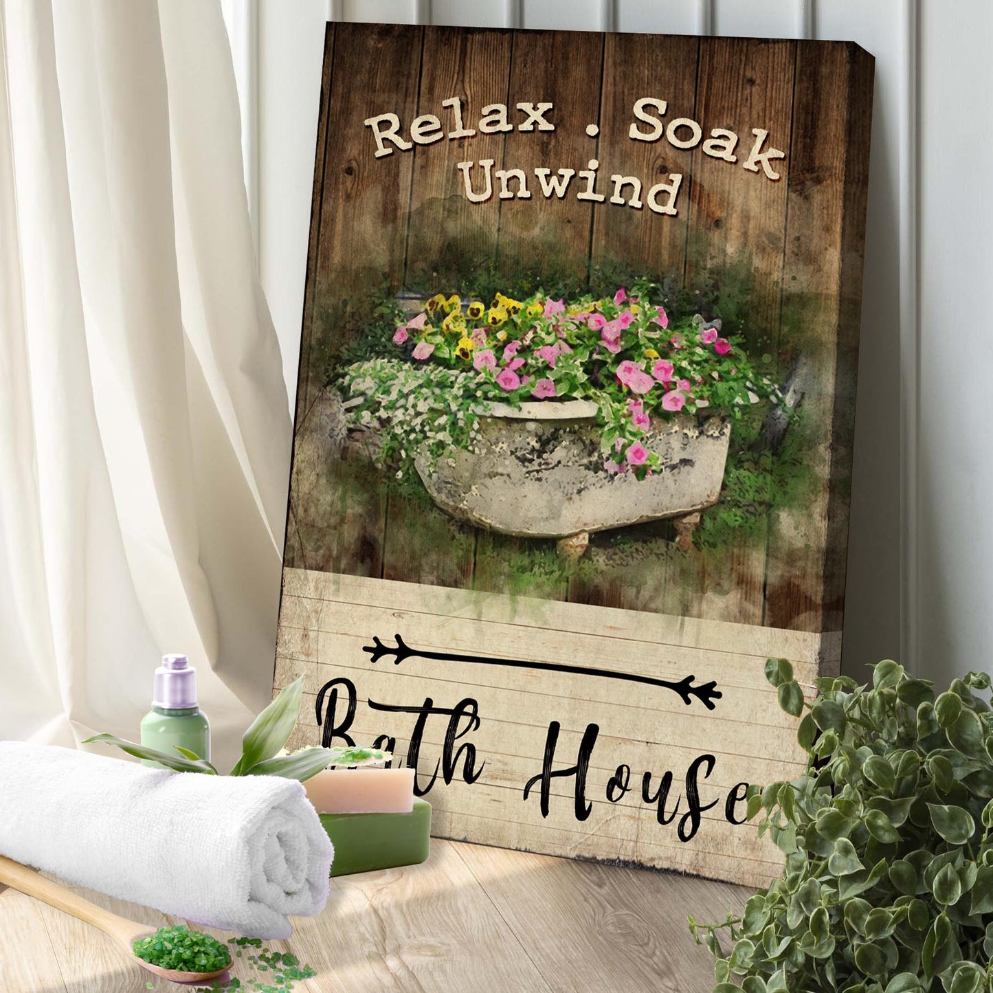 Relax Soak Unwind Sign VII canvas print with rustic wood planks and vibrant potted flowers on Tampa Home & Garden Store