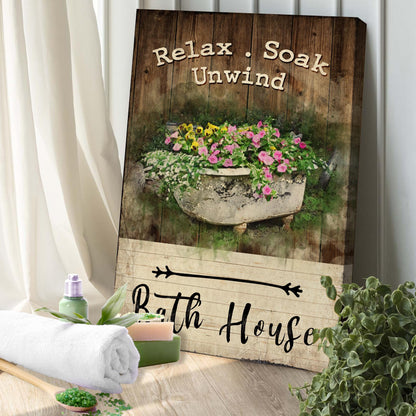 Relax Soak Unwind Sign VII canvas print with rustic wood planks and vibrant potted flowers on Tampa Home & Garden Store