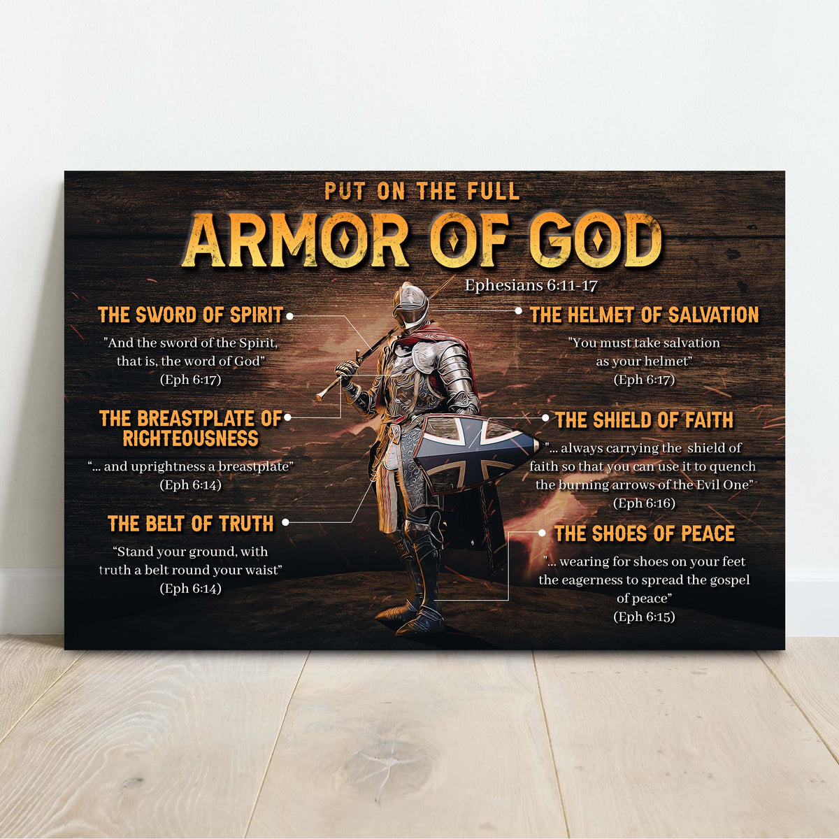 Armor Of God Sign canvas by Tailored Canvases with dark wood background and orange text on Tampa Home & Garden Store