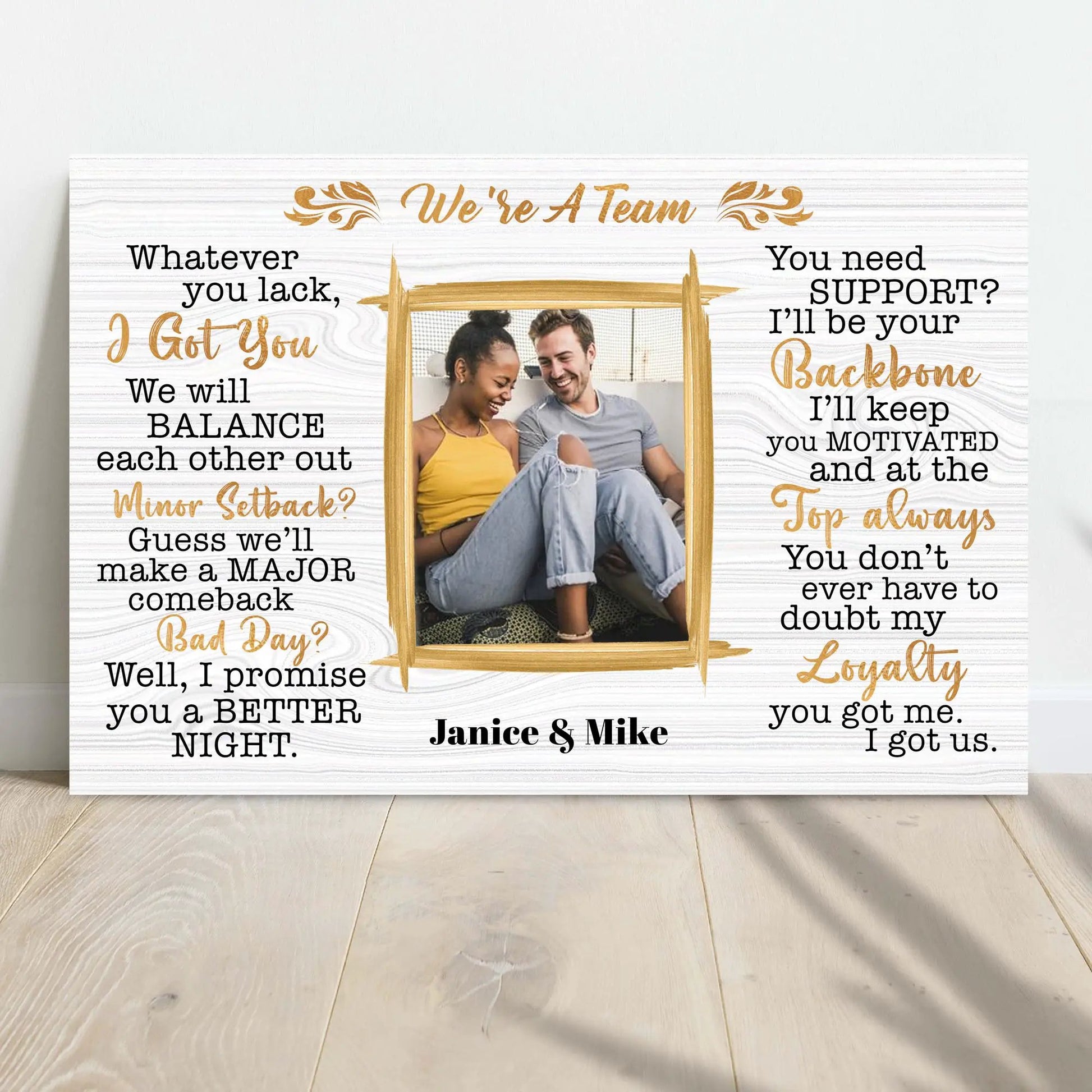 Canvas We’re A Team Couple Sign IV by Tailored Canvases with whitewashed wood and gold accents on Tampa Home & Garden Store