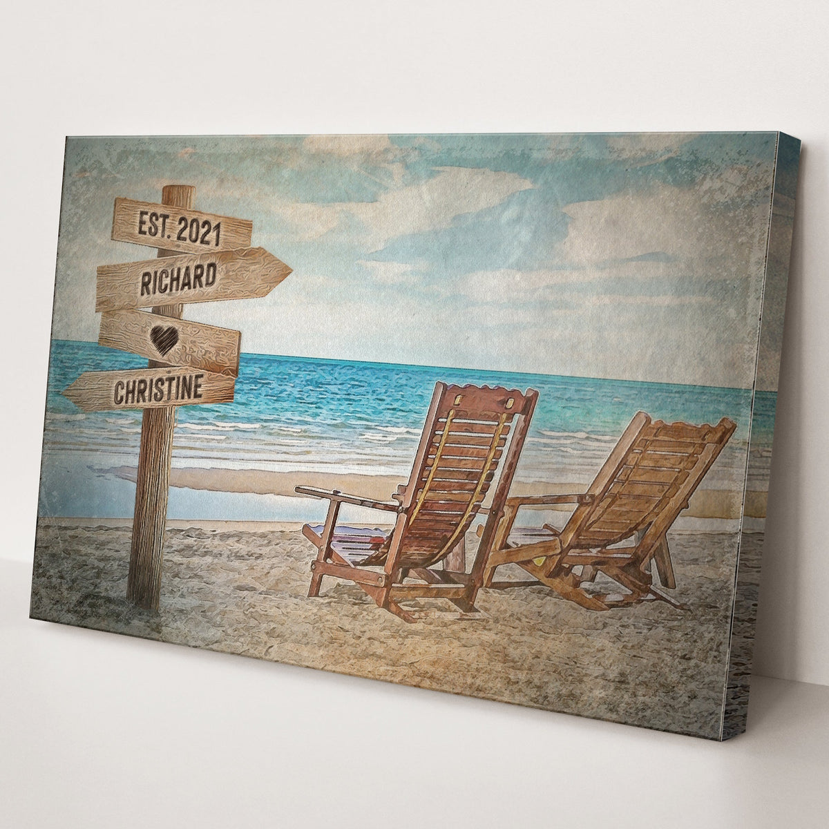 Beach couple names sign canvas with wooden name signs Richard and Christine at the shore on Tampa Home & Garden Store