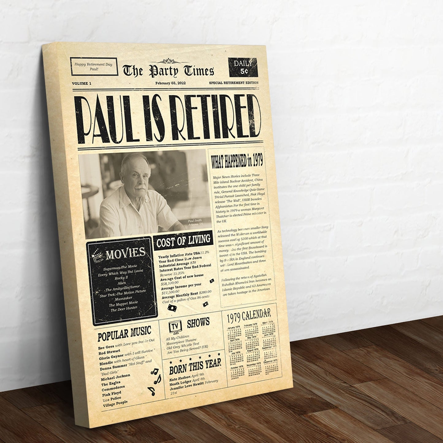 Newspaper retirement gift sign canvas by Tailored Canvases, beige vintage print crafting canvas on Tampa Home & Garden Store