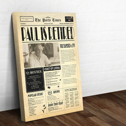 Newspaper retirement gift sign canvas by Tailored Canvases, beige vintage print crafting canvas on Tampa Home & Garden Store
