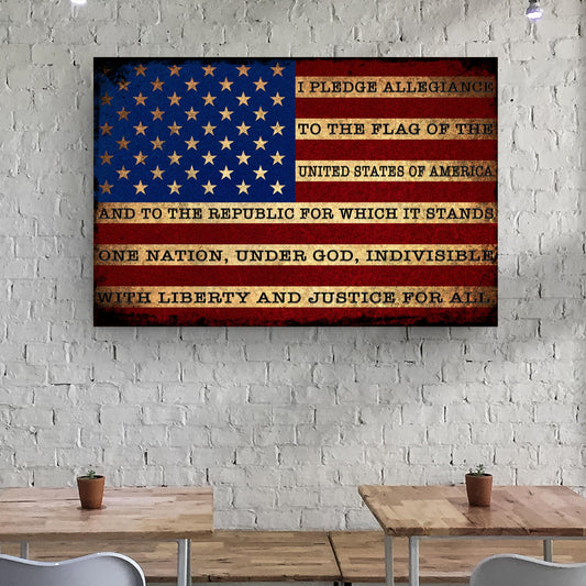 Canvas sign I PLEDGE ALLEGIANCE TO THE FLAG OF USA, Tailored Canvases, distressed flag art on Tampa Home & Garden Store
