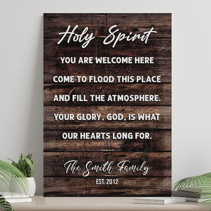 Tailored Canvases canvas sign Holy Spirit You Are Welcome Here with dark woodgrain background on Tampa Home & Garden Store