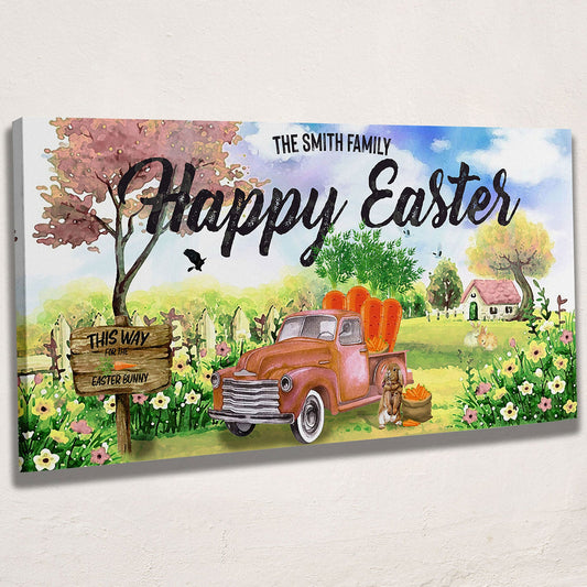 Family Happy Easter Sign canvas by Tailored Canvases with farm scene and vintage red truck on Tampa Home & Garden Store