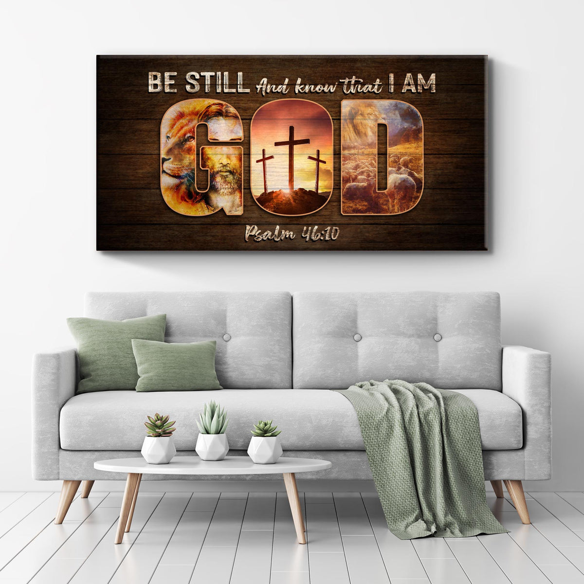 Canvas sign Be Still And Know God with GOD letters and nature scenes on wood Psalm 46:10 on Tampa Home & Garden Store