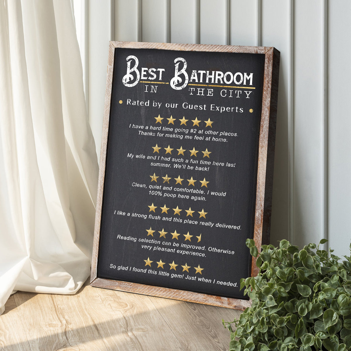 Best Bathroom In The City Sign II canvas, chalkboard black with white text on Tampa Home & Garden Store