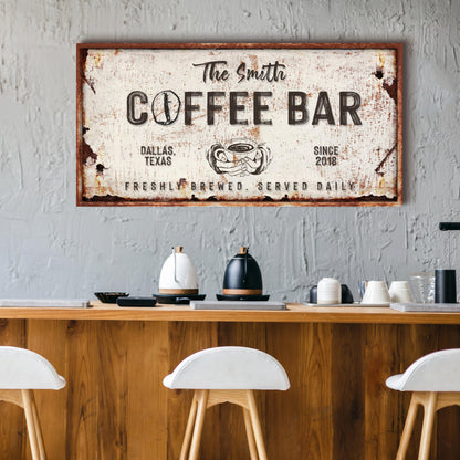 Coffee Bar Sign IV canvas with distressed white panel and brown frame Tailored Canvases on Tampa Home & Garden Store
