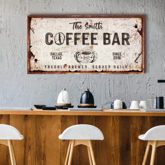 Coffee Bar Sign IV canvas with distressed white panel and brown frame Tailored Canvases on Tampa Home & Garden Store