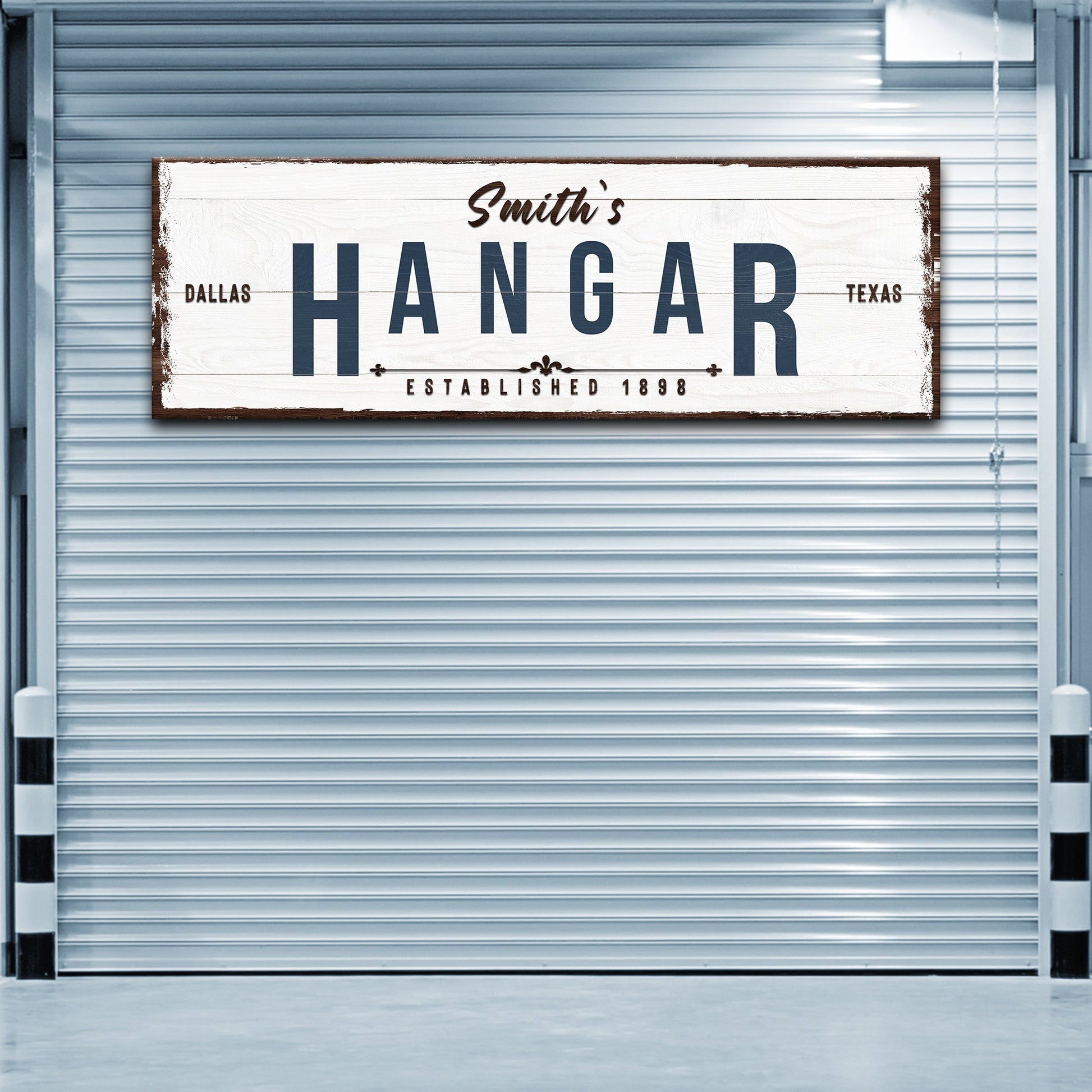 Hangar Sign canvas by Tailored Canvases white wood brown frame navy HANGAR lettering Dallas TX on Tampa Home & Garden Store