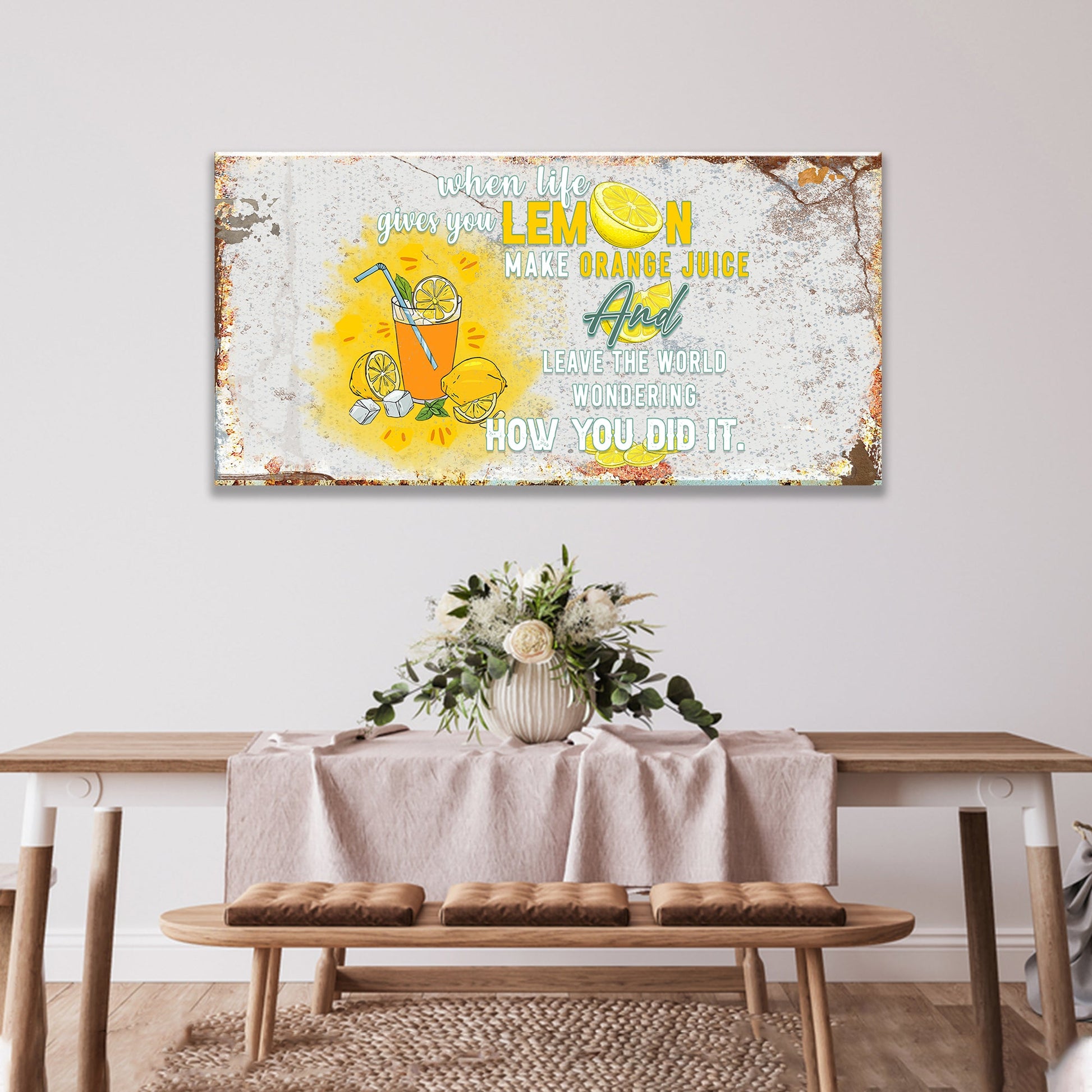Life And Lemons Sign canvas by Tailored Canvases with lemon illustration and bold yellow text on a distressed backdrop on Tampa Home & Garden Store