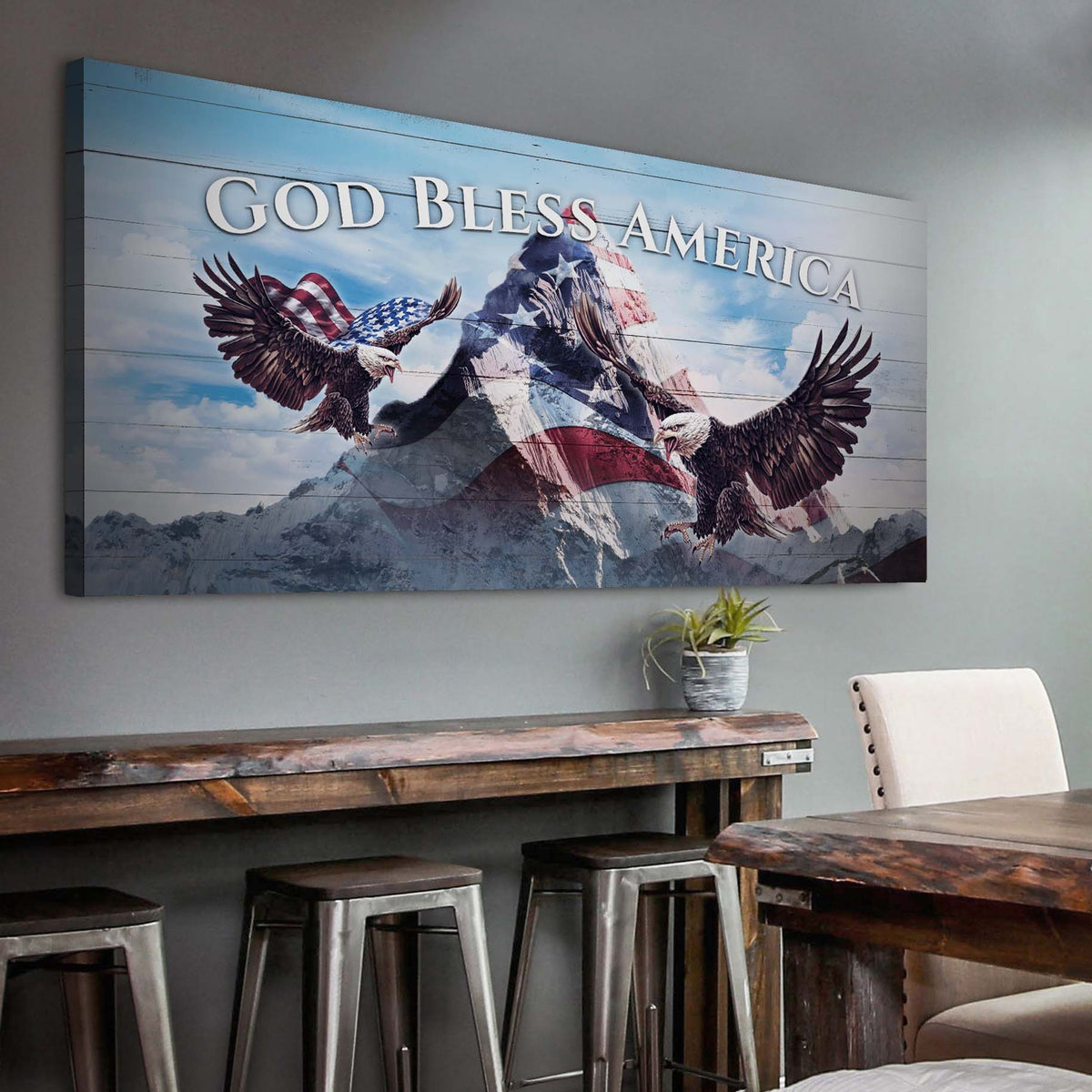 God Bless America canvas sign by Tailored Canvases with patriotic eagle motif on Tampa Home & Garden Store