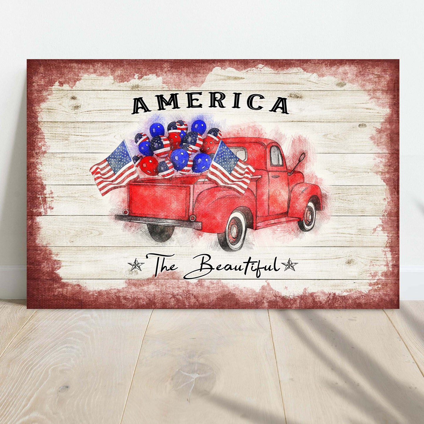 America The Beautiful Sign II canvas by Tailored Canvases with rustic white planks and red truck on Tampa Home & Garden Store