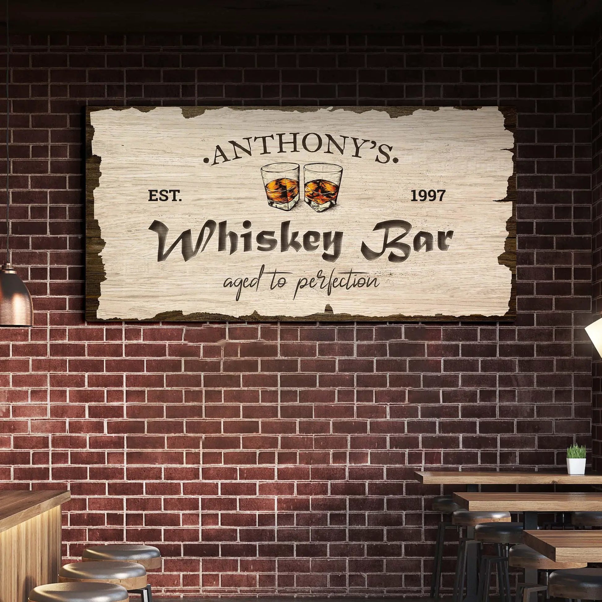 Whiskey Bar Sign II canvas crafting sign with rustic beige plaque and two whiskey glasses on Tampa Home & Garden Store