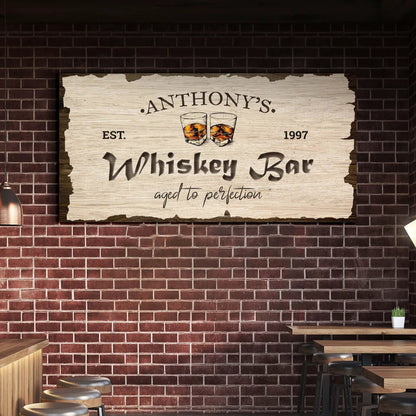 Whiskey Bar Sign II canvas crafting sign with rustic beige plaque and two whiskey glasses on Tampa Home & Garden Store