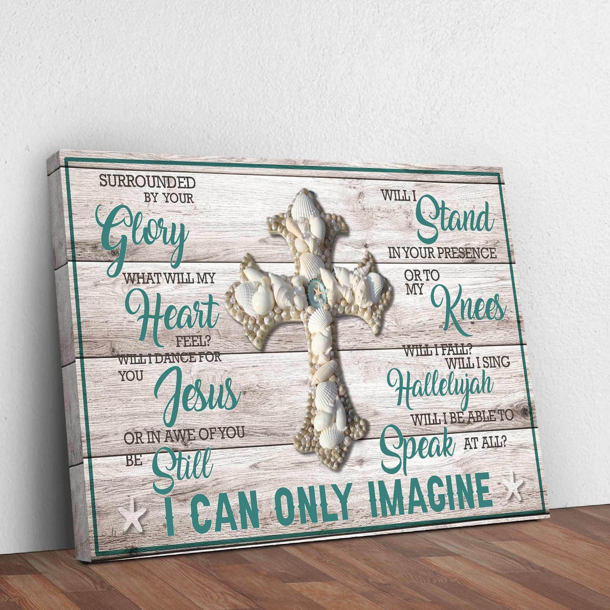 I Can Only Imagine Jesus Sign canvas on wood panel with teal script and seashell cross on Tampa Home & Garden Store